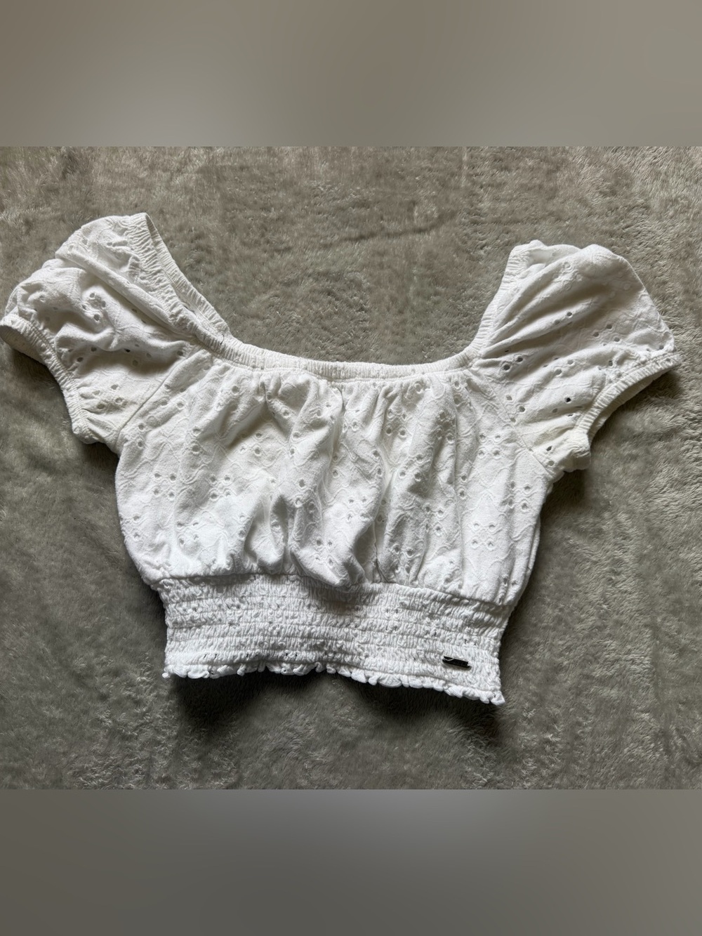 Hollister White Eyelet Off-Shoulder Smocked Crop Top